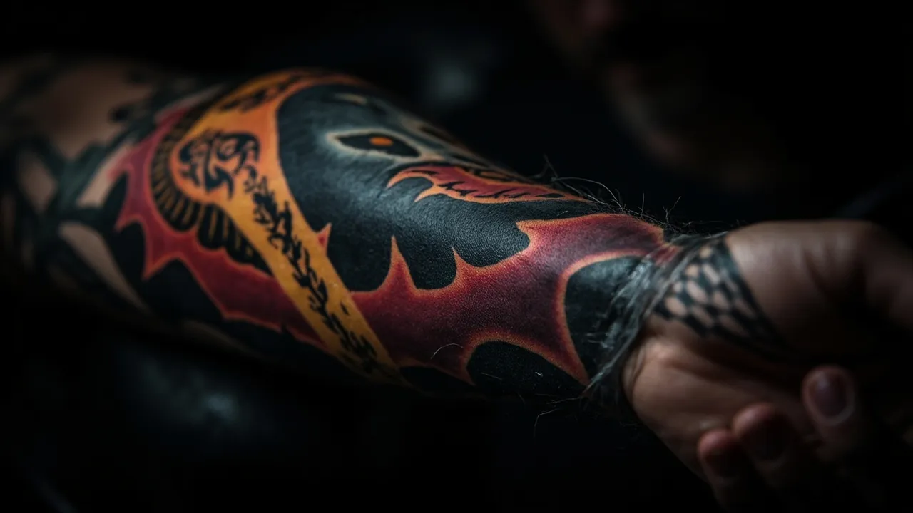 Nahaufnahme eines kräftigen, farbigen Neo-Traditional-Tattoos auf einem Arm