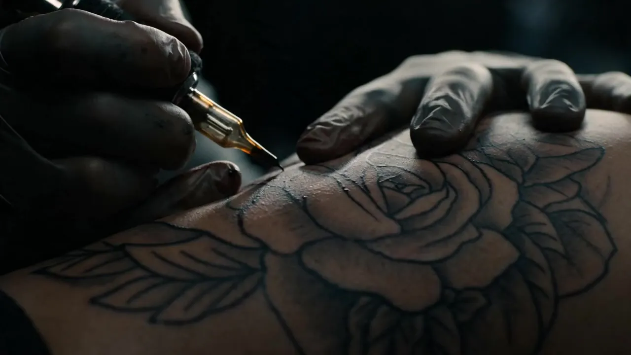 Tattoo-Artist bei der Arbeit in einem stimmungsvoll beleuchteten dunklen Studio
