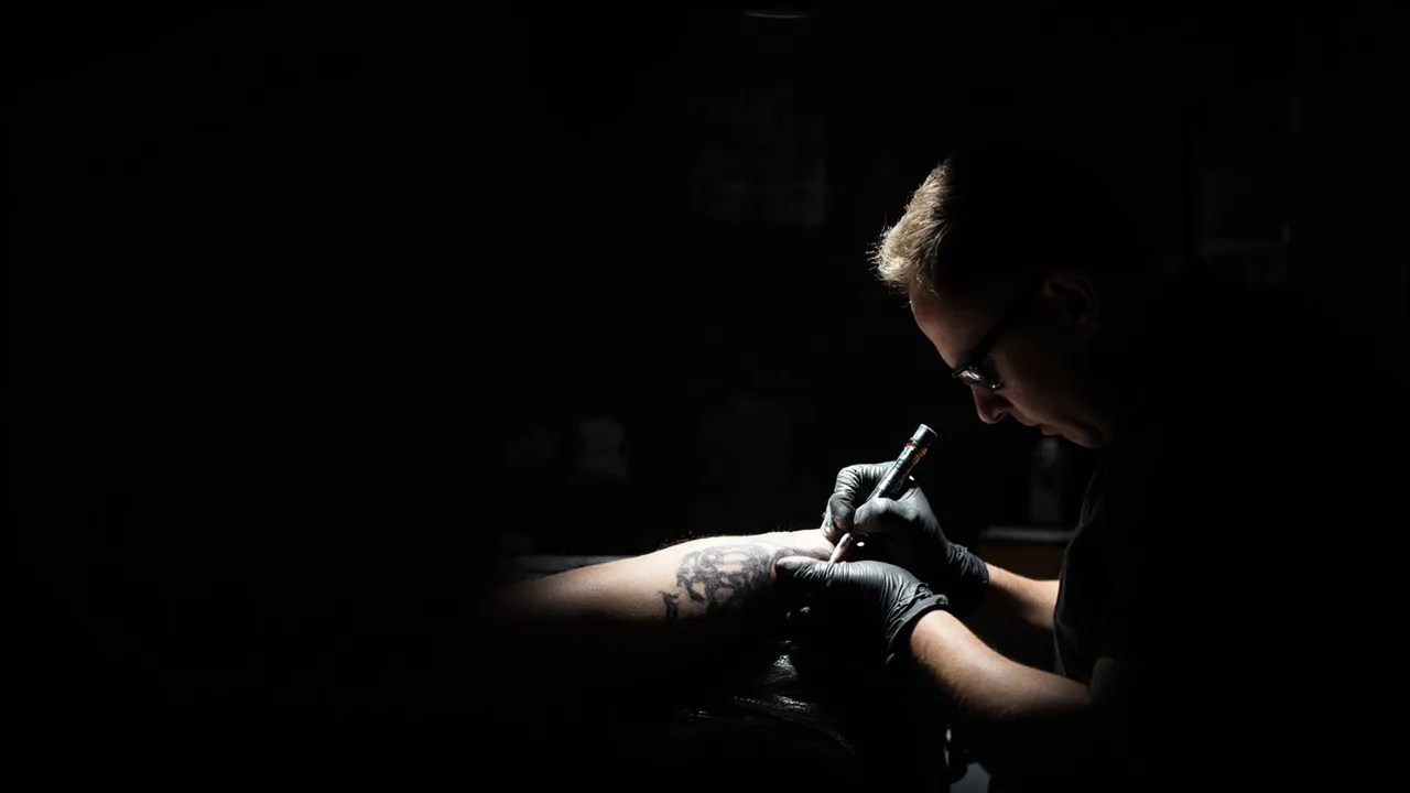 Artist tätowiert ein feines Motiv auf einen Unterarm in dunklem Studiolicht