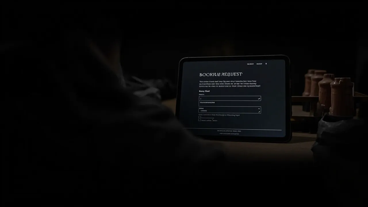 Symbolbild: ein Tablet mit einem strukturierten Anfrageformular auf einem dunklen Holztisch neben Skizzen und Stiften