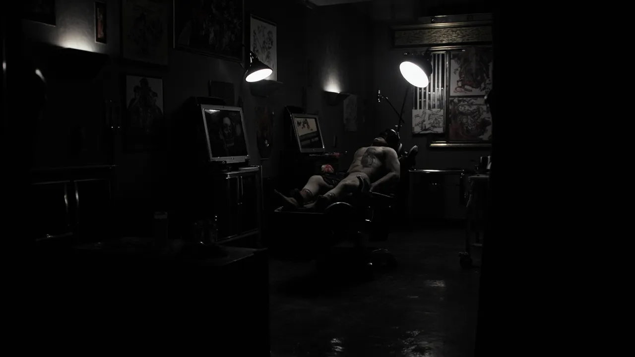 Dunkles, atmosphärisches Tattoo-Studio mit Stuhl und gerahmter Kunst